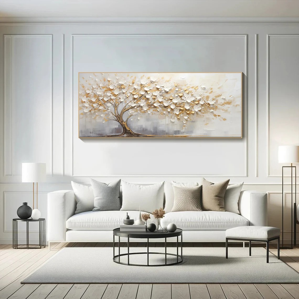 3D Blossom Tree Painting, Handmade White Gold Canvas Artwork  #TC 069