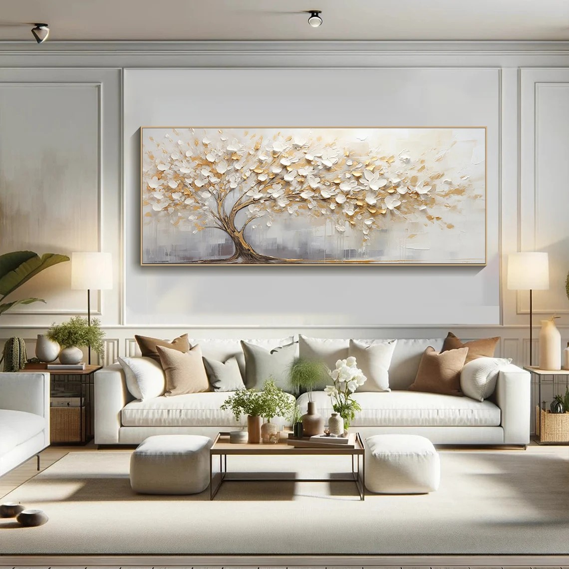 3D Blossom Tree Painting, Handmade White Gold Canvas Artwork  #TC 069