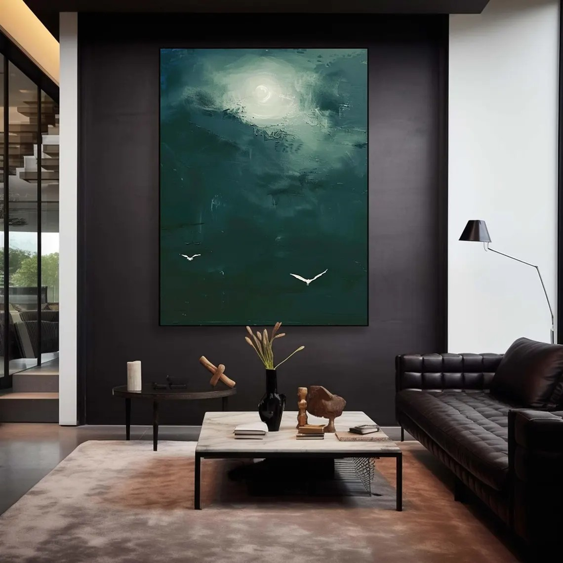 Dark Teal Abstract Oil Painting with Moon and Birds Wall Art  #TC 029
