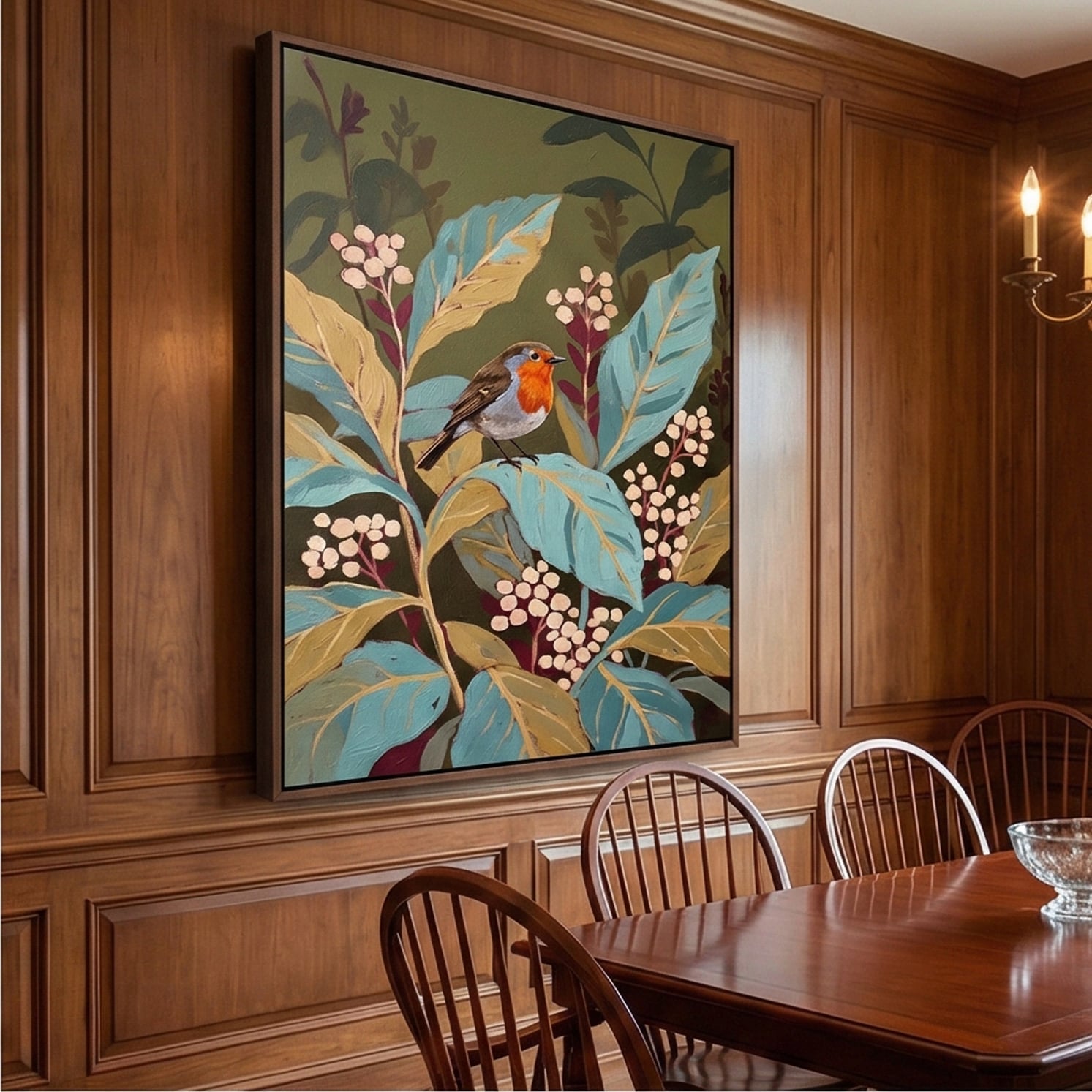 Robin in the Garden – Vintage Botanical Bird Wall Art for Cozy Cottage Interiors