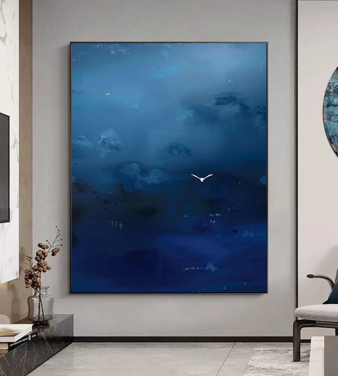 Deep Blue Abstract Oil Painting with Flying Birds Wall Art  #TC 028