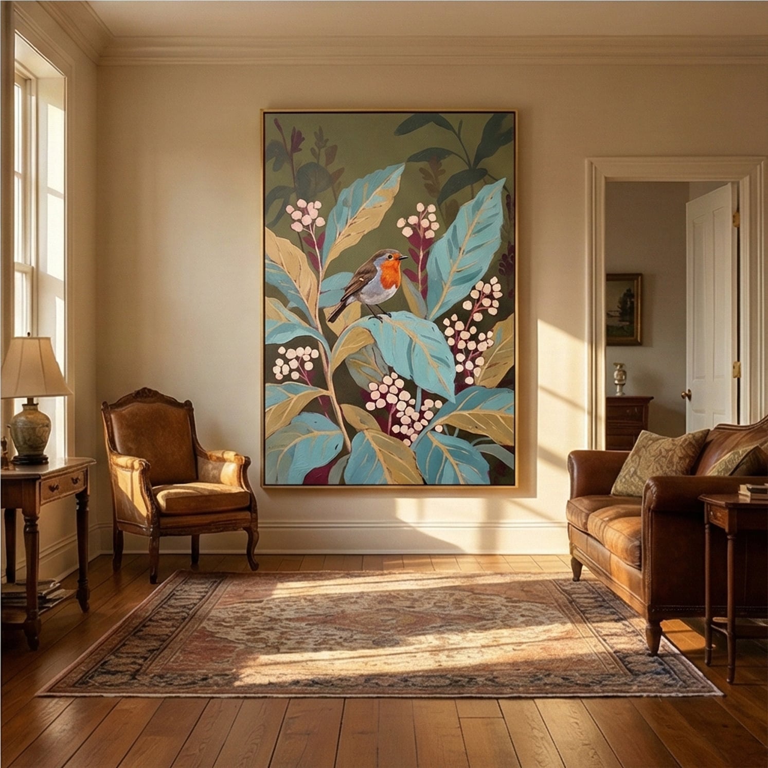 Robin in the Garden – Vintage Botanical Bird Wall Art for Cozy Cottage Interiors