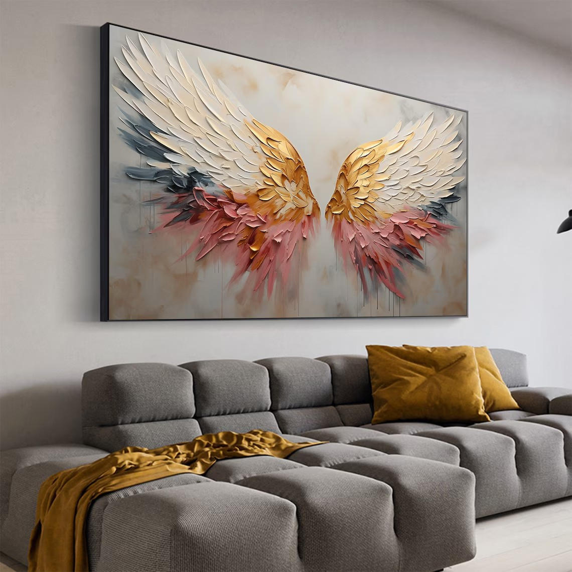 Textured Angel Wings Abstract Oil Painting - Gold & Peach Art #JJ 031