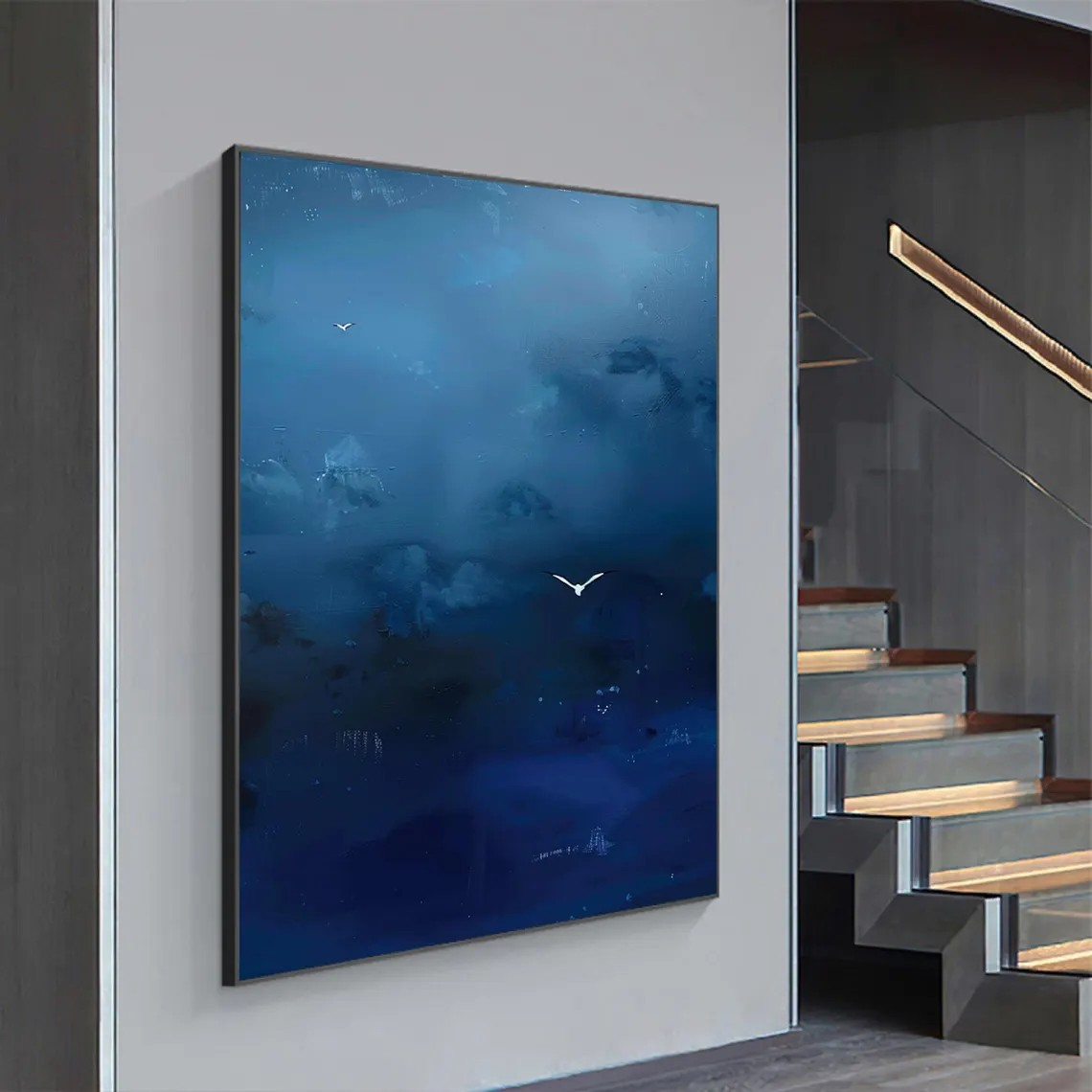 Deep Blue Abstract Oil Painting with Flying Birds Wall Art  #TC 028