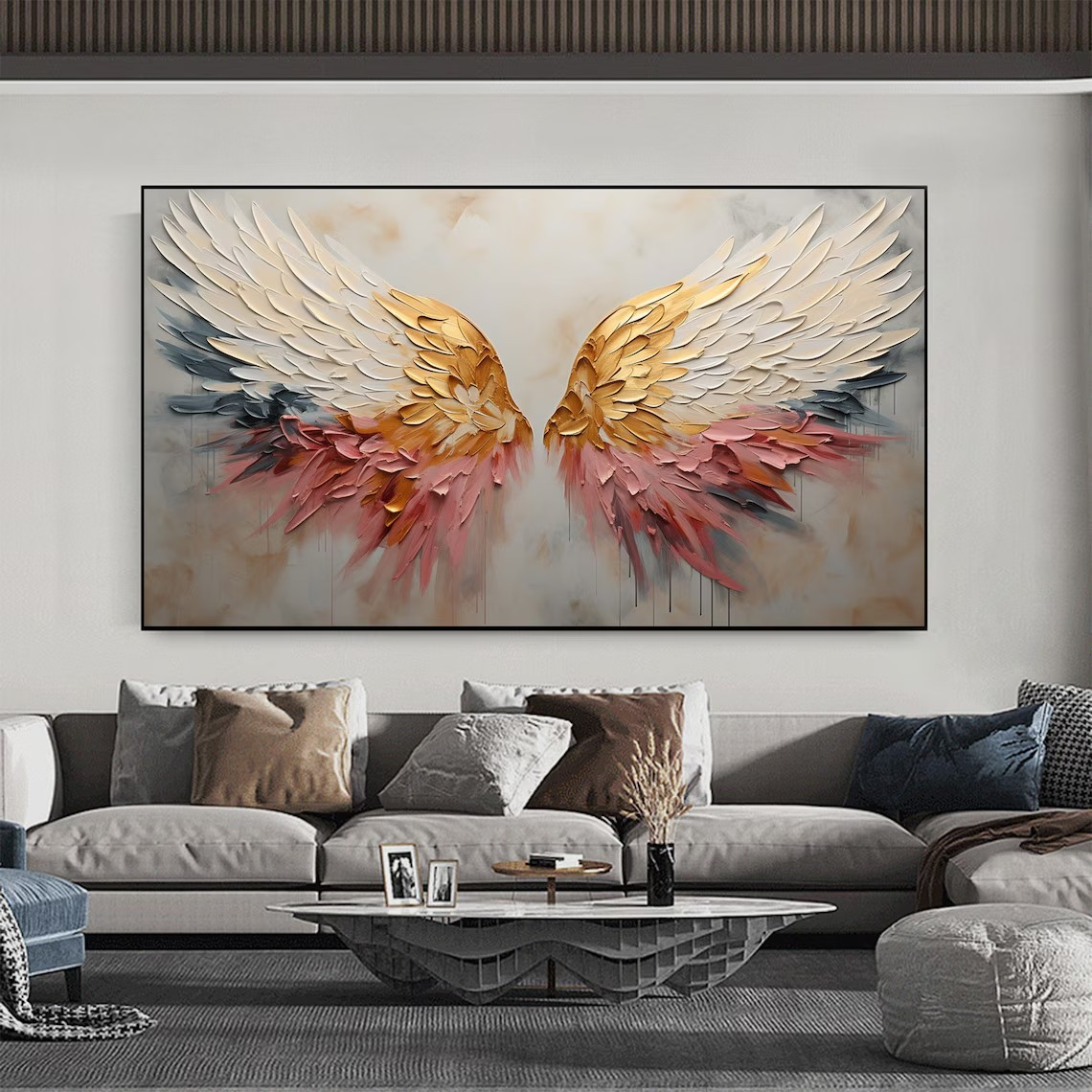 Textured Angel Wings Abstract Oil Painting - Gold & Peach Art #JJ 031
